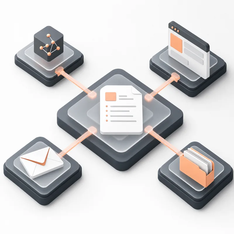 Illustration of one claim document linked to four channels: an API node, a browser portal, an envelope, and a paper folder.