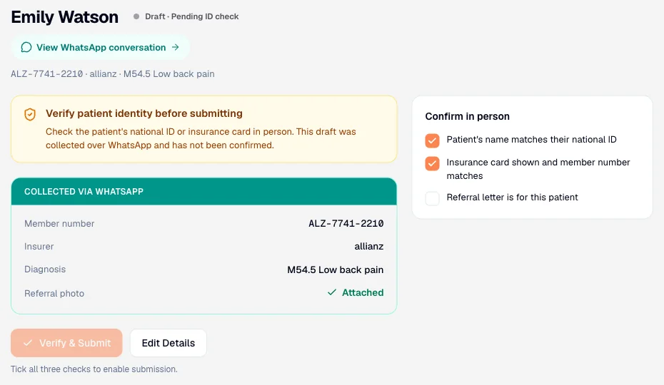 A pre-authorisation draft with the collected details on the left and an in-person identity checklist on the right.