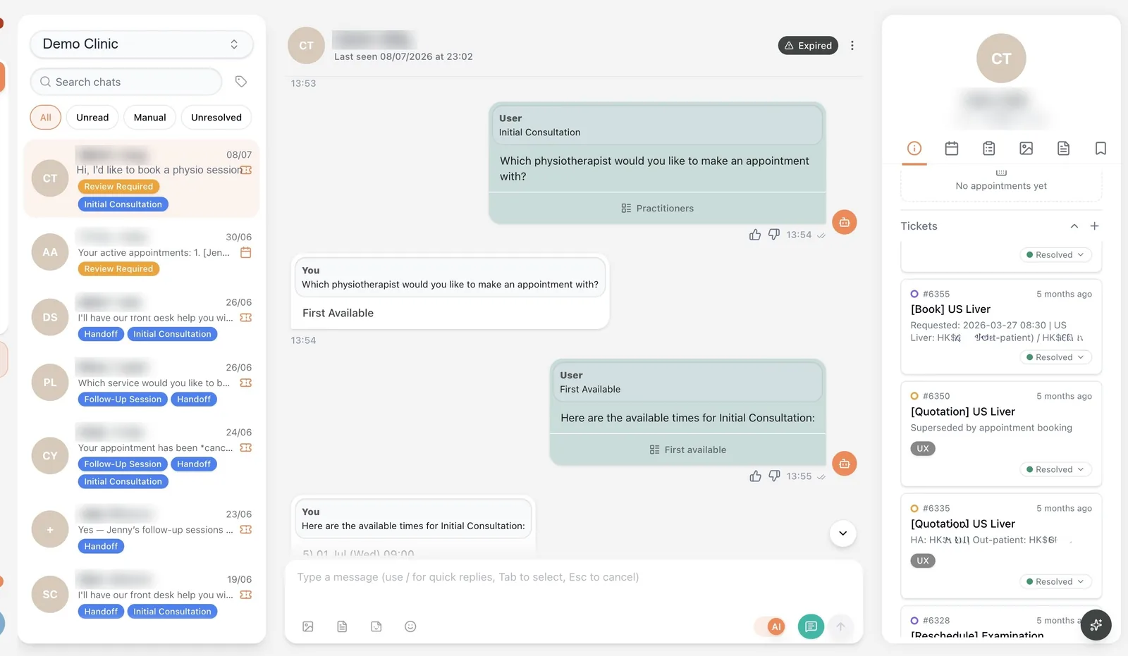 The staff inbox: a list of WhatsApp conversations tagged Initial Consultation or Follow-up, with Review Required and Handoff flags, an open conversation, and the patient's tickets on the right.