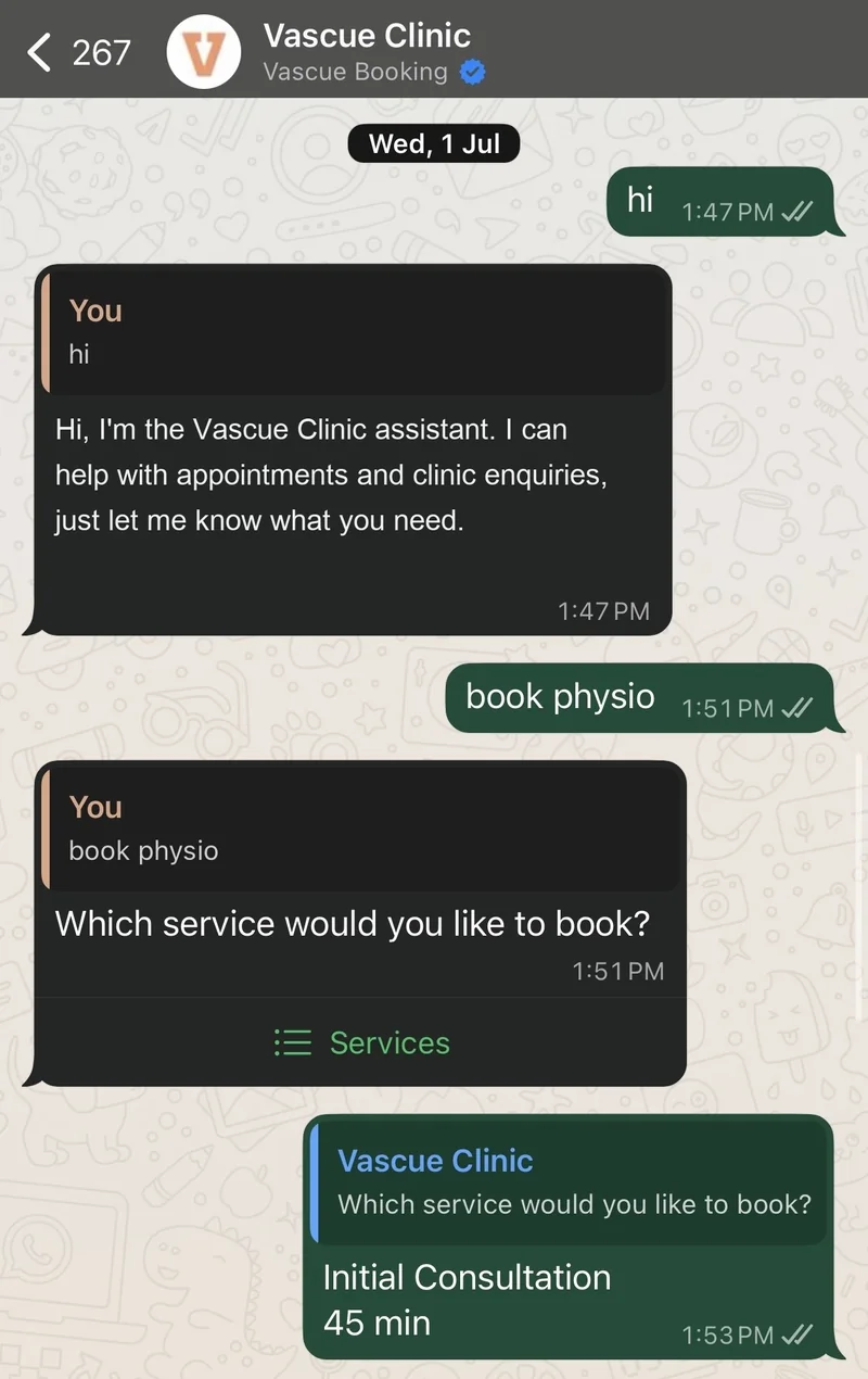 A WhatsApp thread with the Vascue Clinic assistant: the patient types book physio, picks Initial Consultation from a service list, and is asked which physiotherapist they would like.