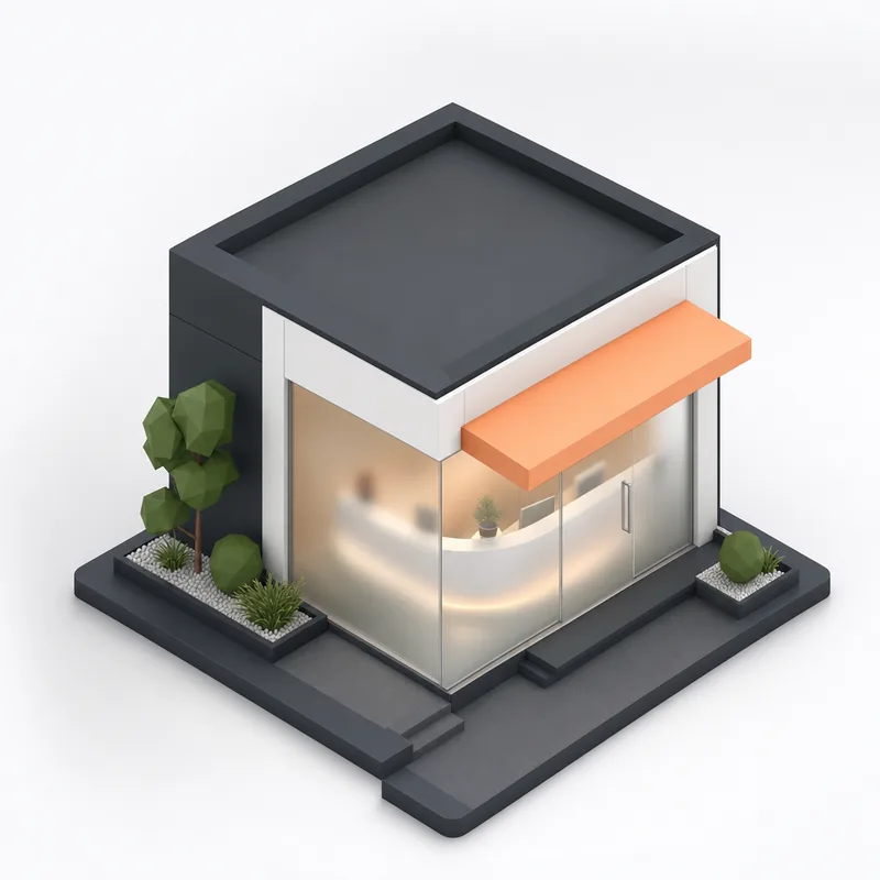 Isometric 3D illustration of a small clinic with glass walls, an orange awning and a lit reception desk inside