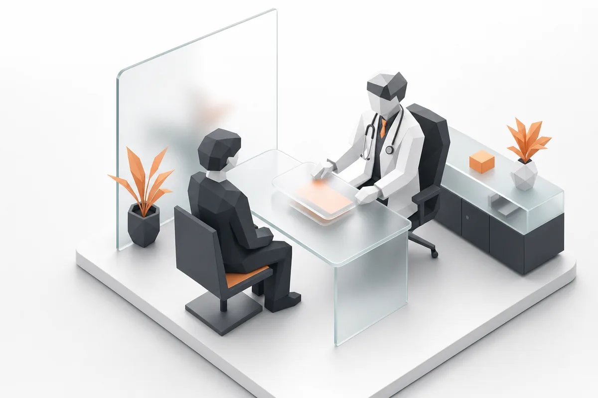 3D illustration of a doctor consulting with a patient across a glass desk