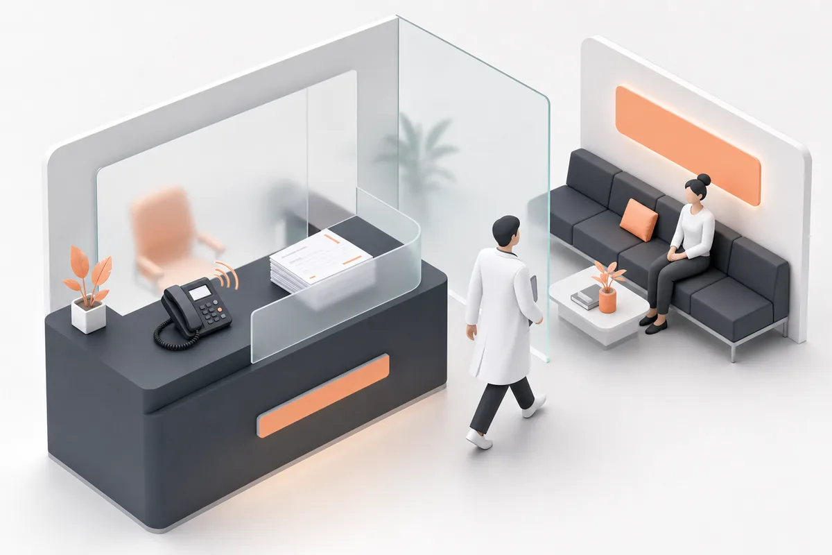 3D illustration of a clinic reception: a doctor walks past the front desk and phone while a patient waits on a sofa