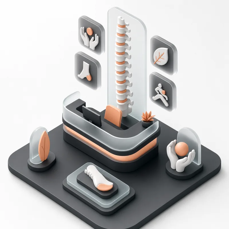 3D illustration of a reception desk with a spine model surrounded by physiotherapy, podiatry, nutrition and mobility icons