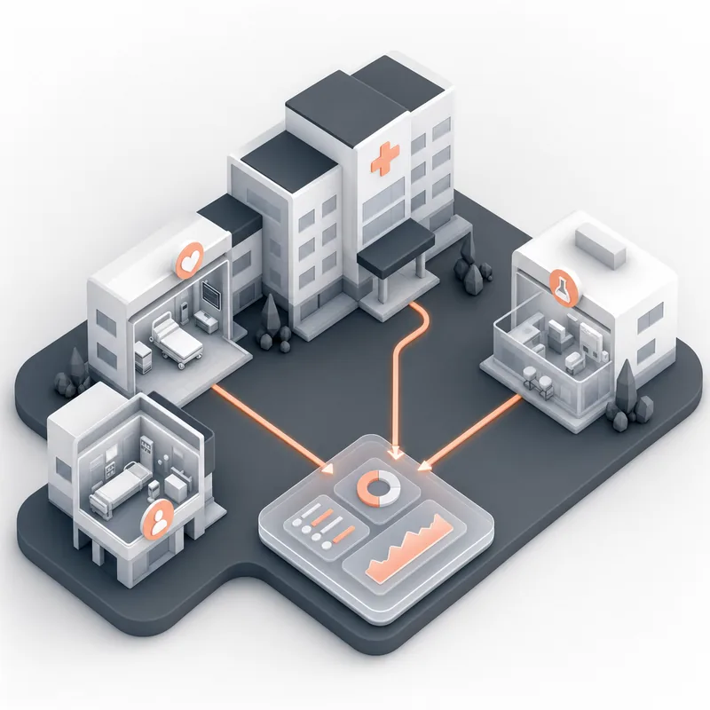 3D illustration of a hospital campus with three departments linked by orange lines to a central operations dashboard