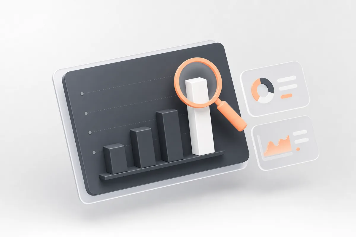 Illustration of operational charts with a magnifying glass highlighting a data point
