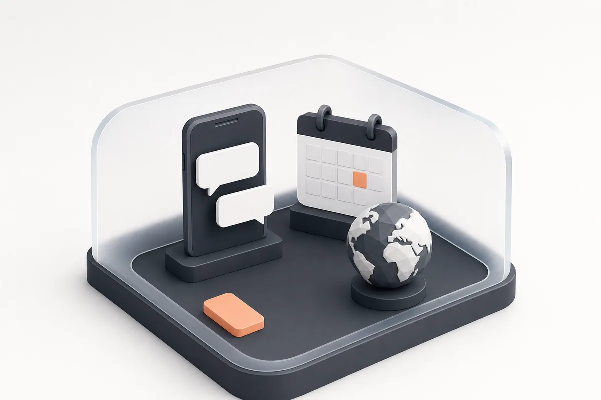 3D illustration of a phone with chat bubbles, a calendar and a globe under a glass dome: Vascue's AI front desk syncing bookings to Nookal