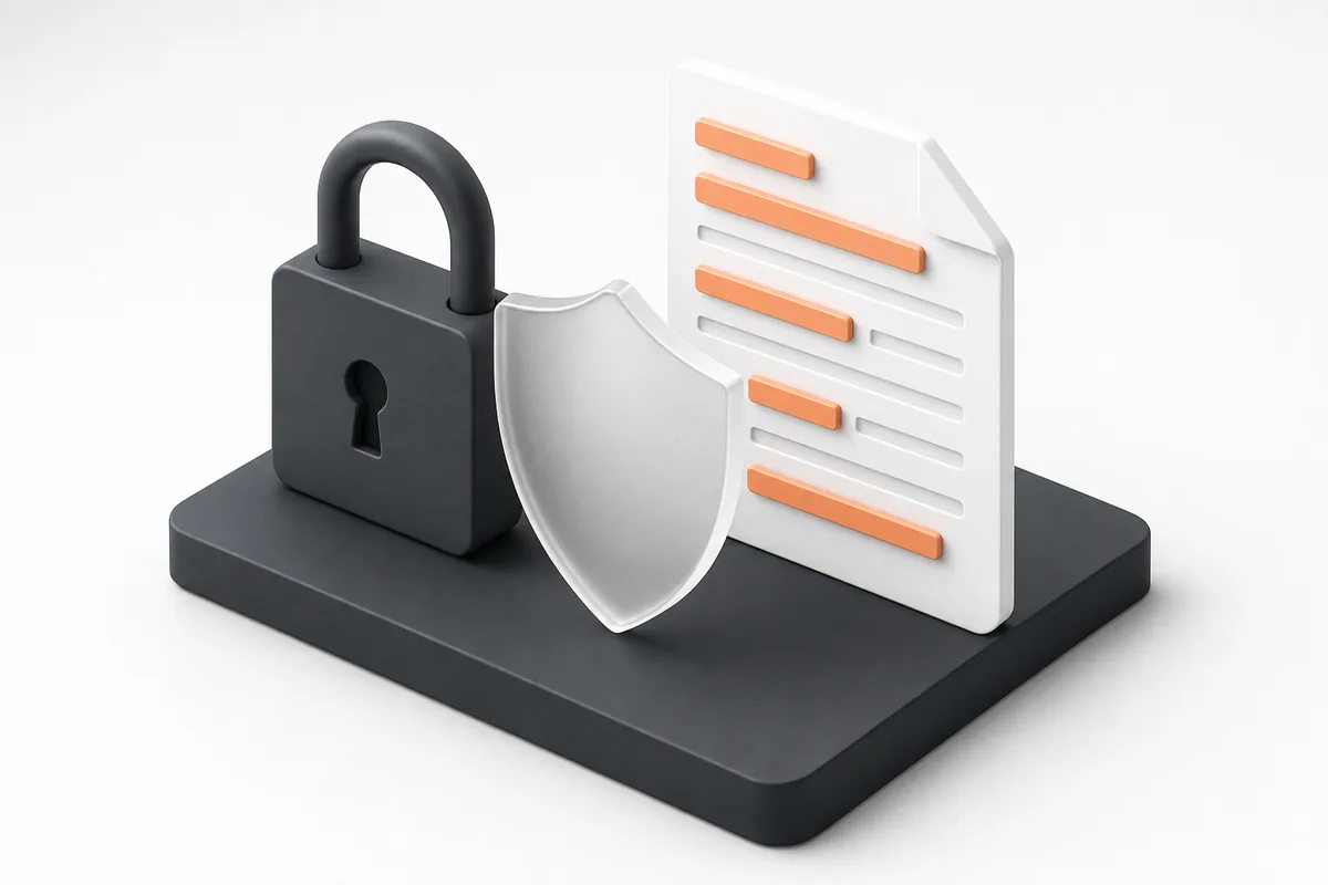 3D illustration of a padlock, a shield and a document with highlighted lines, representing secured agent access to clinic bookings