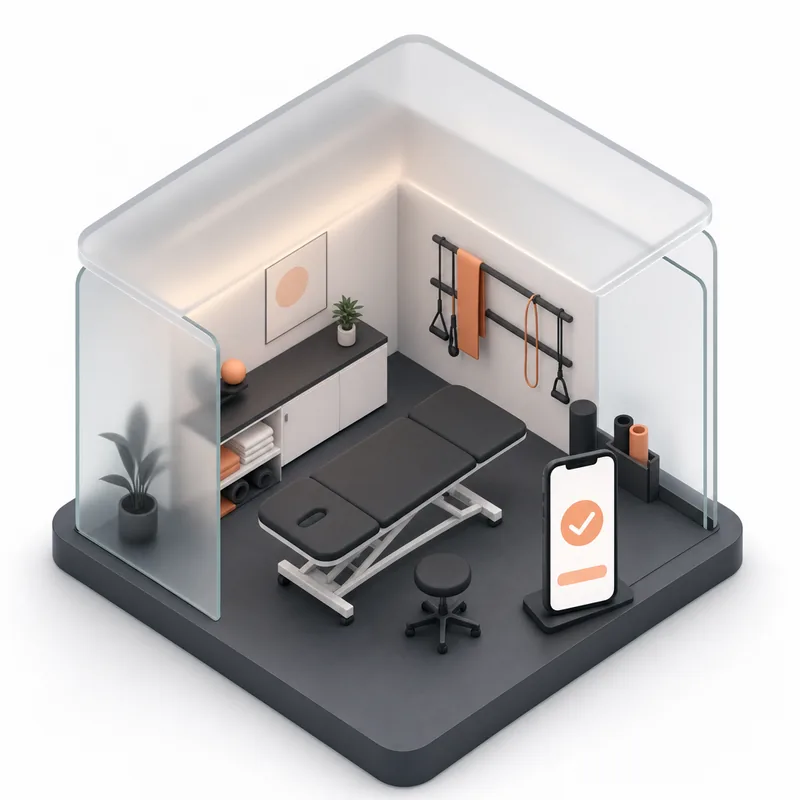 3D illustration of a physiotherapy treatment room with a treatment table, wall bars and a phone showing a confirmed booking