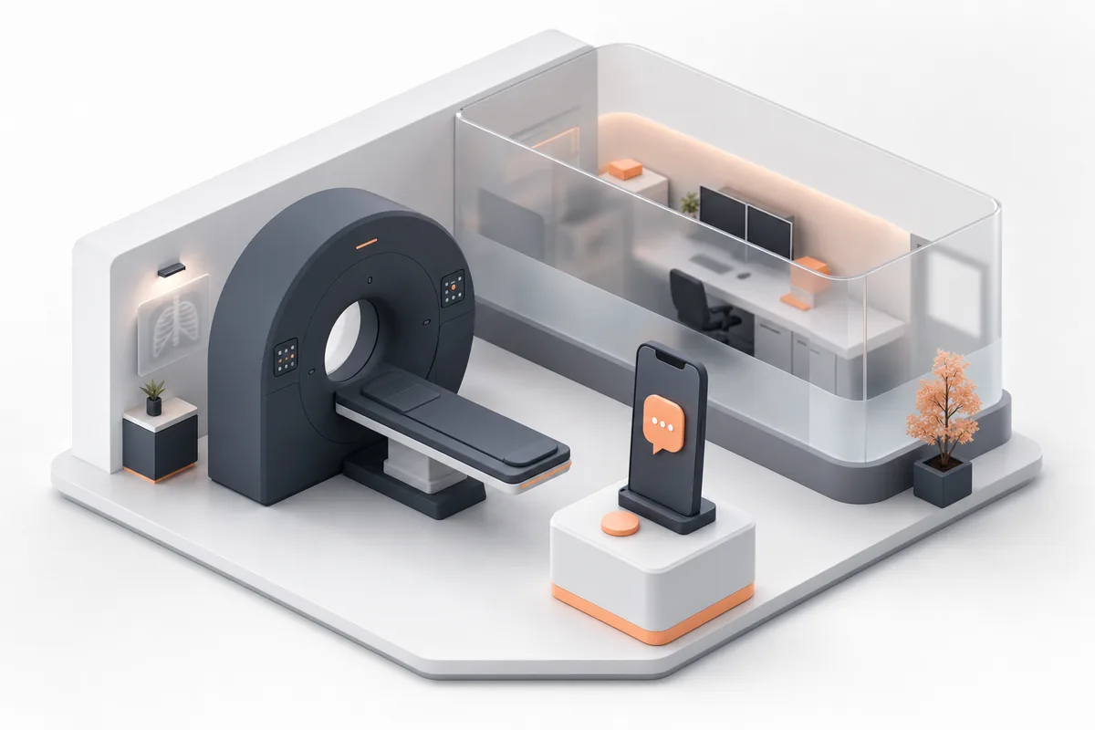 3D illustration of a radiology department: a CT scanner, a glass-walled control room and a phone on the desk