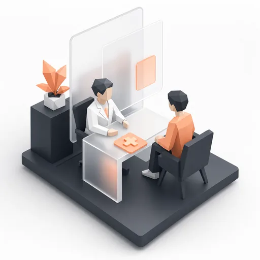 Two people talking across a desk with a medical cross tile.