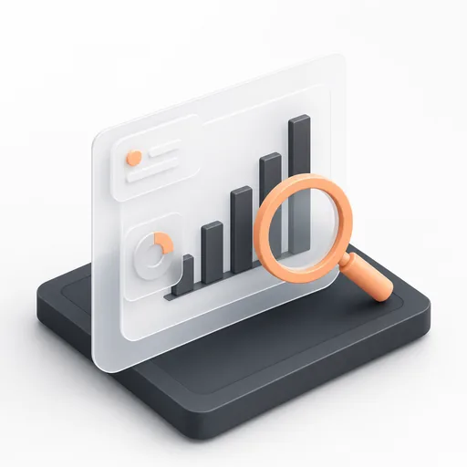 A dashboard tile with a bar chart and a magnifying glass.